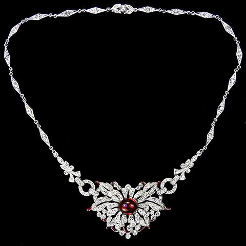 Trifari 'Alfred Philippe' Pave Enamel and Ruby Cabochon Flower Necklace