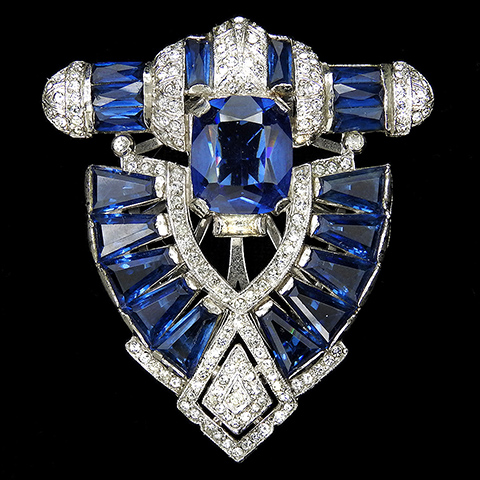 KTF Trifari 'Alfred Philippe' Pave and Kite Cut Sapphires Deco Shield Dress Clip