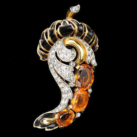 Trifari 'Alfred Philippe' 'Empress' Gold Pave Black Enamel and Citrines Paisley Pattern Floral Swirl Pin Clip