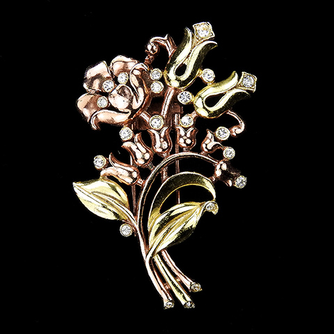 Trifari 'Alfred Philippe' Two Colour Gold and Spangles Three Flowers and Lily of the Valley Spray Floral Posy Pin Clip