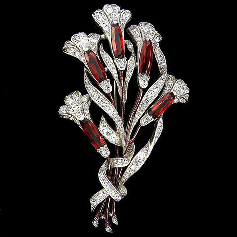 Trifari 'Alfred Spaney' Pave Enamel and Ruby Lozenges Five Flower Calla Lily Floral Spray with Bow Pin