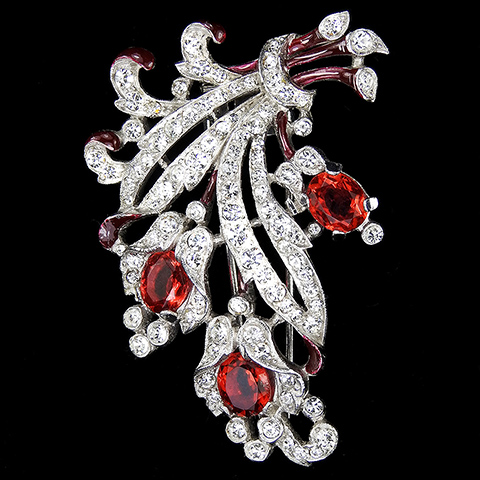 Trifari 'Alfred Philippe' Pave Red Enamel and Ruby Three Flower Floral Spray Pin Clip