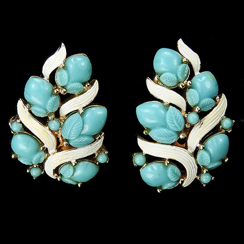 Trifari 'Alfred Philippe' 'Printemps' White Enamel Leaves and Turquoise Fruit Salad Clip Earrings