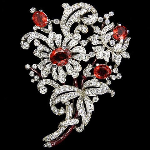 Trifari 'Alfred Phillipe' Pave Ruby and Red Enamel Daisy Flower and Shoots Floral Spray Pin