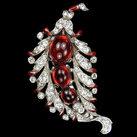 Trifari 'Alfred Philippe' Pave Ruby Cabochons and Red Enamel Leaf Pin Clip