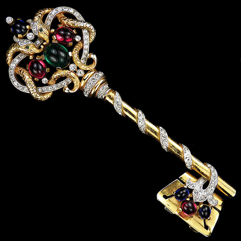 Trifari 'Alfred Philippe' Gold Pave and Tricolour Cabochons Giant Key with Snakes Pin