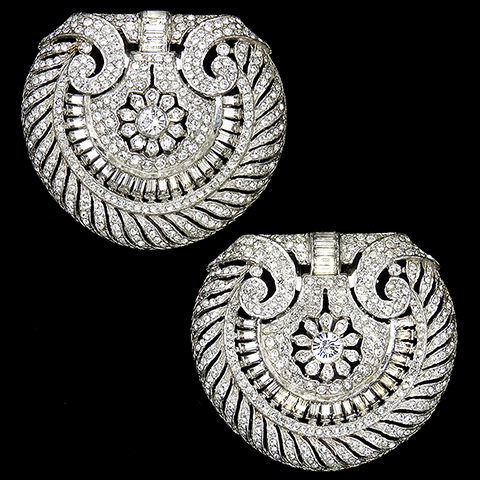 Trifari 'Alfred Philippe' 1930s Jewels of India Pave and Baguettes Flower Crescent Doorknocker Shields Pair of Dress Clips