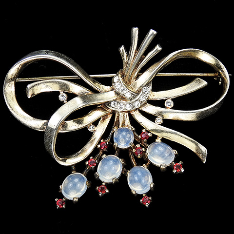 Trifari Sterling 'Alfred Philippe' Golden Bow Swirl with Ruby Spangles and Moonstone Cabochons Pin