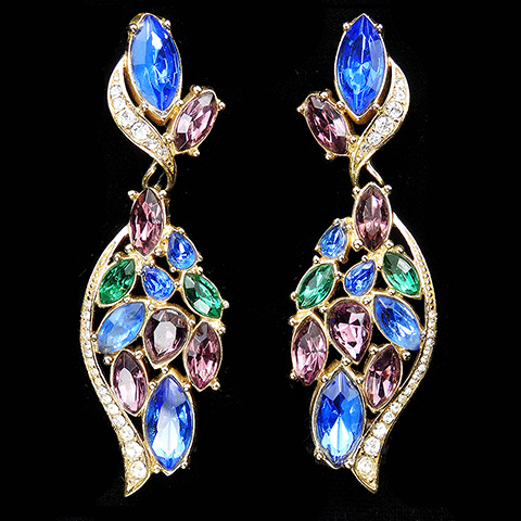 Trifari 'Alfred Philippe' Amethyst Sapphire and Emerald Swirl Pendant Pierced Earrings