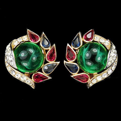 Trifari 'Alfred Philippe' 'Jewels of India' Sapphire Ruby and Emerald Swirl Clip Earrings