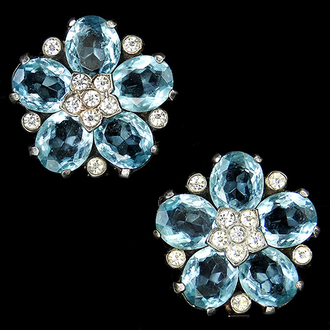 Trifari Sterling 'Alfred Philippe' Gold Pave and Aquamarine Flower Clip Earrings