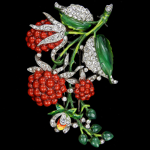 Trifari 'Alfred Philippe' Pave and Enamel Leaves and Three Raspberries Fruit Pin Clip