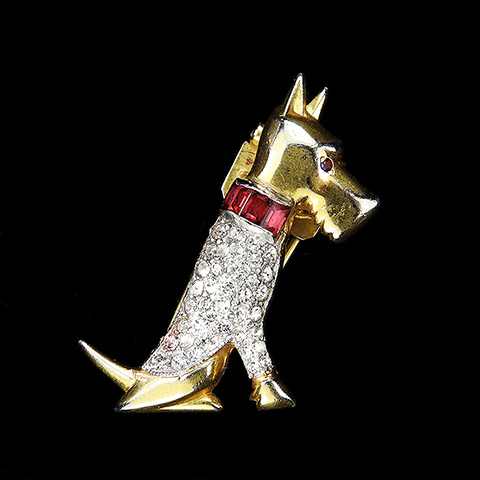 Trifari 'Alfred Philippe' Gold and Pave Miniature Scottie Dog with Ruby Baguette Collar Scatter Pin Clip