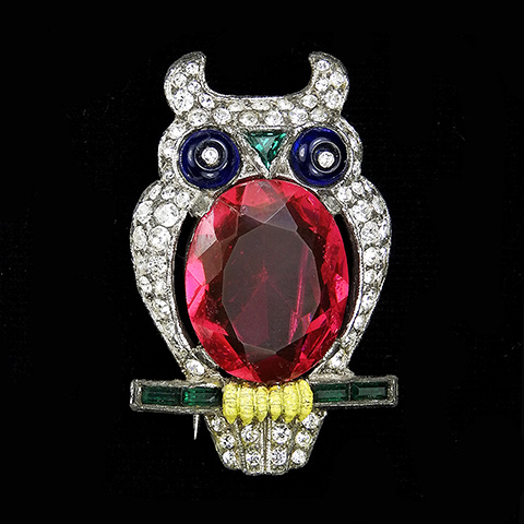 Trifari 'Alfred Philippe' Pave Sapphire and Emerald Faceted Ruby Belly Owl Bird Pin Clip