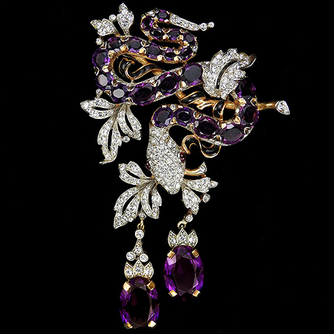 Trifari 'Alfred Philippe' 'Empress' 'Jewels of Fantasy' Pave Black Enamel and Amethysts Snake in a Vine with Pendant Grapes Pin