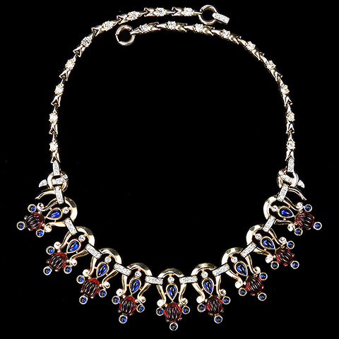 Trifari 'Alfred Philippe' Gold Sapphire and Melon Cut Ruby Cabcohons Moghul Choker Necklace