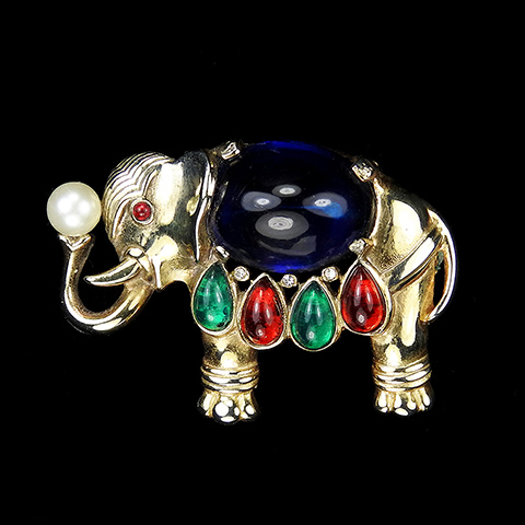 Trifari 'Alfred Philippe' 'Jewels of Bagdad' Ruby Emerald and Sapphire Cabochon 1956 Production Moghul Elephant Holding a Pearl Pin