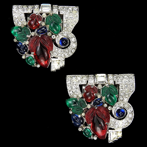 KTF Trifari 'Alfred Philippe' Pave Swirls Sapphire Cabochon and Tricolour Fruit Salads Pair of Dress Clips