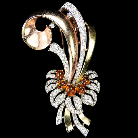 Trifari 'Alfred Philippe' Two Colour Yellow and Rose Gold Swirls with Pave and Citrine Cabochons Flower Pin Clip