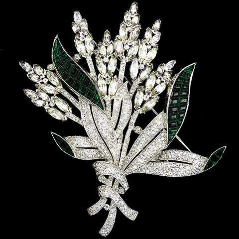 KTF Trifari 'Alfred Philippe' Pave and Invisibly Set Emerald Leaves and Navette Flowers Floral Spray with Bow Pin