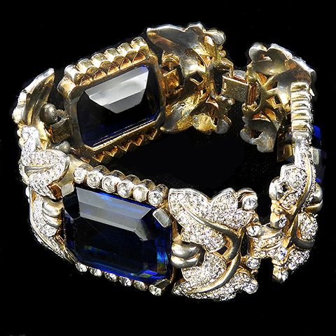 Trifari 'Alfred Philippe' Gold and Pave Leaves and Table Cut Sapphires Three Element Bracelet