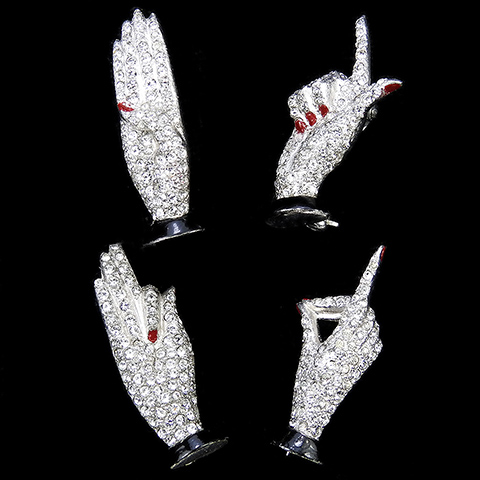 KTF Trifari (after Paul Flato) Pave and Enamel Set of Four Sign Language Initial Pins - B, L, D and F 