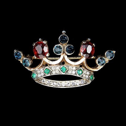 Trifari Sterling 'Alfred Philippe' Gold Pave Ruby Square Cut Emeralds and Sapphire Trefoil Royal Crown Pin