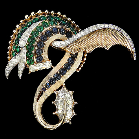 Trifari 'Alfred Philippe' Gold Pave Emerald and Sapphire Cabochons Winged Dragon Swirl Pin