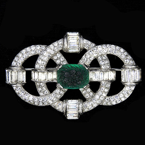 KTF Trifari 'Alfred Philippe' Pave and Baguettes Three Openwork Circles Emerald Fruit Salad Bar Pin