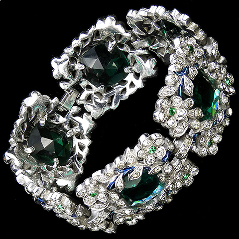 Trifari 'Alfred Philippe' Faceted Emeralds with Pave and Blue Enamel Scrolls and Flowers Wide Six Link Floral Bracelet