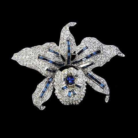 KTF Trifari 'Alfred Philippe' Pave and Sapphire Baguettes Smaller Orchid Trembler Pin