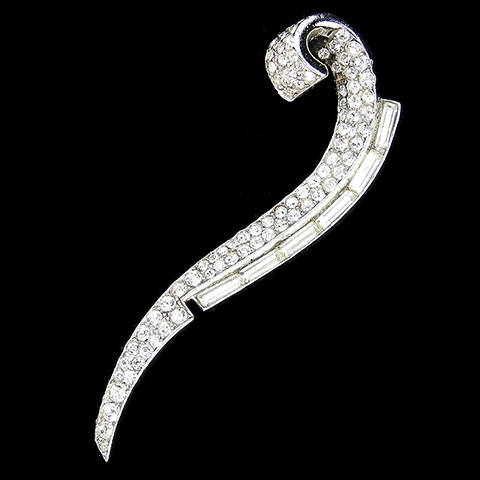 Trifari Sterling 'Alfred Philippe' Pave and Baguettes Diamante Crescent Swirl 'Eyebrow' Pin