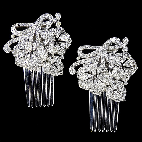 KTF Trifari 'Alfred Philippe' Pair of Pave Morning Glory Flower Clusters Hair Slides