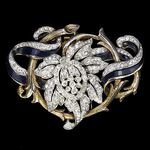 Trifari 'Alfred Philippe' Empress Eugenie Gold and Pave Openwork Leaf with Blue Enamel Bow Swirls Pin Clip