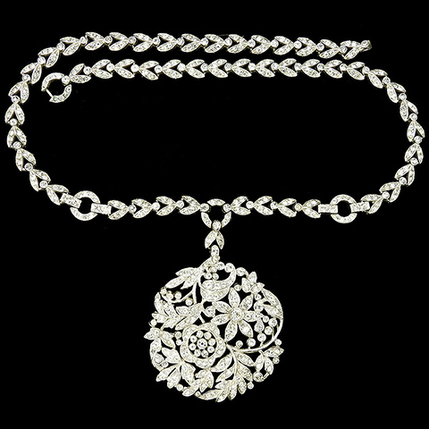 Trifari 'Alfred Philippe' Pave and Openwork Circular Floral Scene with Flowers and Leaves Pendant Necklace