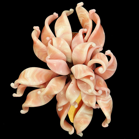 Trifari 'Alfred Philippe' Gold and Pink Poured Glass Petals Giant Flower Floral Spray Pin Clip