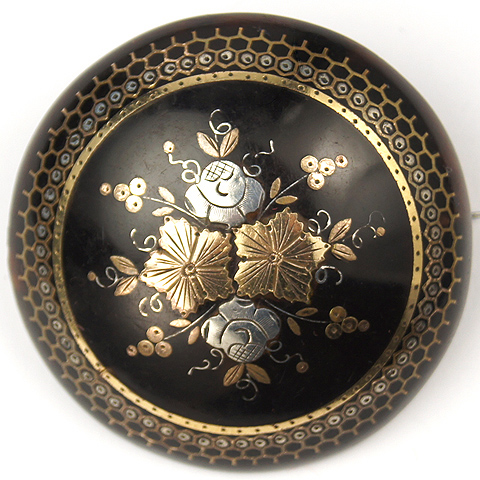Victorian Tortoiseshell and Gold and Silver Piqué Work  Flowers Fruits and Leaves Dome Pin