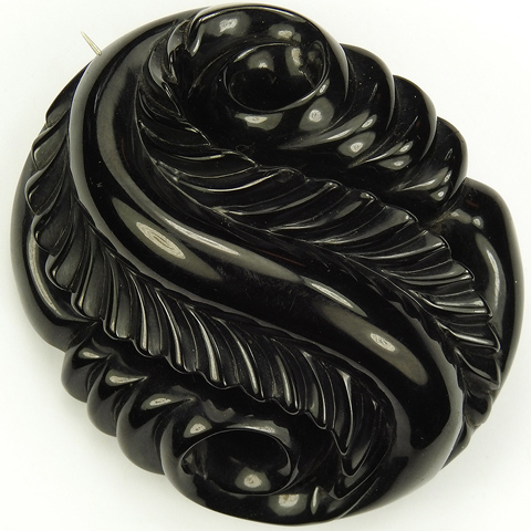 Victorian Carved Whitby Jet Oval Swirling Leaf Motif Pin