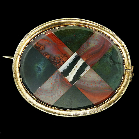 Victorian Scottish Agate Pinchbeck Frame Oval Saltire Pattern with Striped Centre Pin