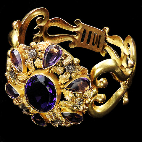 Georgian Pinchbeck and Amethysts Flowers and Scrolls Bangle Bracelet